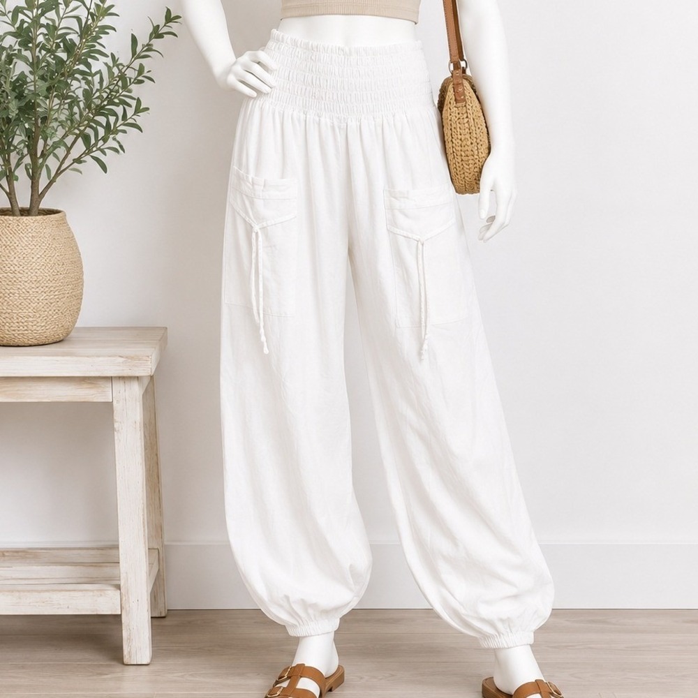 Blanco Womens Harem Pants White Smocked Waist Cotton Boho Small